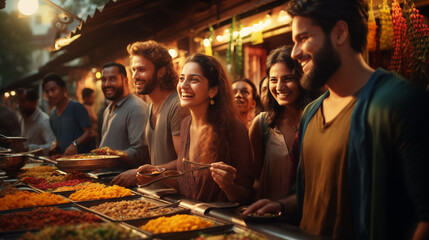 Photo of a company of young tourists of different races and nationalities are happy to taste the traditional Indian sweets in the Outdoor Indian Market