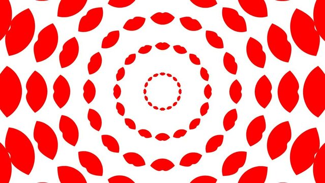 Animated red lip symbols fly from the center. Looped video. Vector illustration isolated on white background.