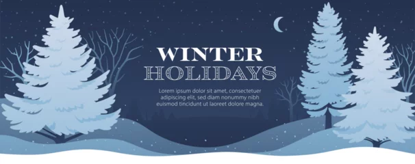  Vector illustration of night forest with trees in snowdrifts. Snowfall in winter forest background. Elegant banner design in dark blue colors with text place. © Anastasiia Neibauer