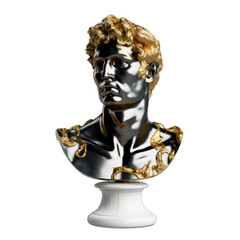 Bust, black plaster statue head painted with gold paint isolated on transparent and white background. PNG transparent