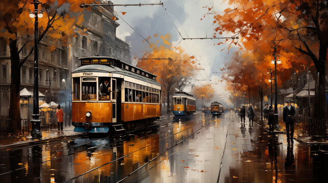 Rainy Tram Street Painting