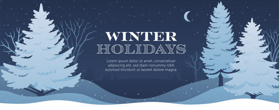 Vector illustration of night forest with trees in snowdrifts. Snowfall in winter forest background. Elegant banner design in dark blue colors with text place.