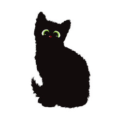 Vector illustration of black cat with green eyes on white background. Symbol of pet.