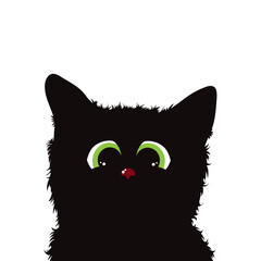 Vector illustration of black cat with green eyes on white background. Symbol of pet.