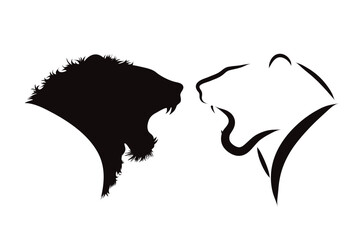 Couple of vector illustrations of lion on white background. Symbol of predator and wild.