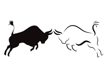 Couple of vector illustrations of bull on white background. Symbol of farm and corrida. - 684752564