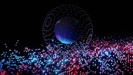 background with lights, Animation of glowing light trails of data transfer over globe moving in fast motion - Powered by Adobe