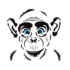 Vector illustration of cartoon monkey with blue eyes on white background. Symbol of wild animal.