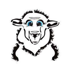 Vector illustration of cartoon sheep with blue eyes on white background. Symbol of farm animal.