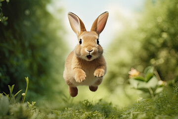 A rabbit is jumping up into the air