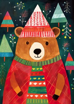 Delightful Children's Christmas card illustration featuring an adorable bea