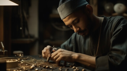 Medium close-up shot of a young, attractive craftsman working with jewelry details in a workshop, looking down, wearing a hat and a shirt