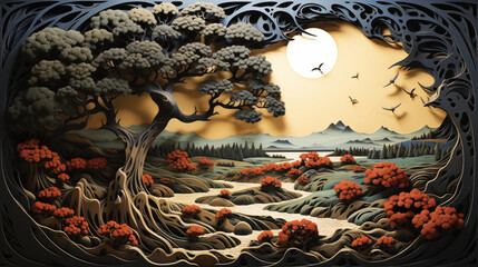 Tree with a Large Canopy in a Surreal Landscape: A Digital Art Image of a Fantasy Scen
