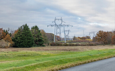 Large electricity pylons leaving a nuclear power plant