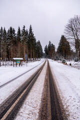 Erste Winterwanderung durch den verschneiten Thüringer Wald am Bahnhof Rennsteig - Thüringen - Deutschland