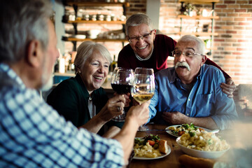 Senior Friends Enjoying a Meal and Wine Together