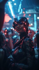  robots, androids, and humans thriving in dance at a futuristic party