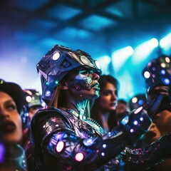 Fototapeta na wymiar robots, androids, and humans thriving in dance at a futuristic party