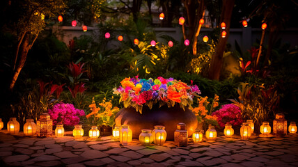 colorful candles and flowers at night