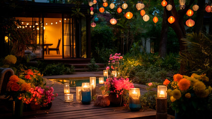 colorful candles and flowers at night