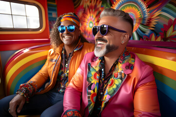 Romantic gay couple Isolated on Pride colored background