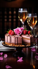 Obraz na płótnie Canvas This Valentine's Day cheesecake, embellished with chocolate and a pink rose, offers a slice of love alongside golden wine.