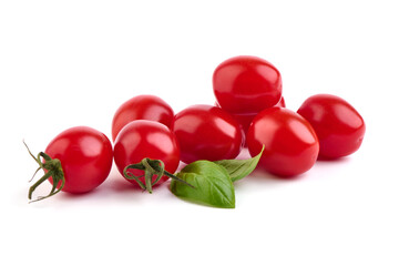 Cherry tomatoes with basil leaves, isolated on white background.