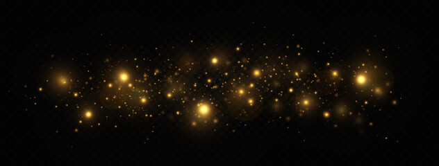 Fototapeta na wymiar Golden shimmering background with light effect. The dust sparks and golden stars shine with special light on a transparent background. Christmas concept.
