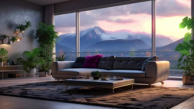 luxury living room, animated virtual backgrounds, stream overlay loop, sofa cozy interior golden hour sunset, vtuber asset twitch zoom OBS screen, anime chill atmospheric