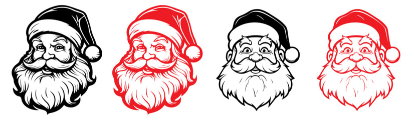 Santa claus logo in line art style. santa claus face beard moustache happy xmas christmas new year outline thin line vector icon black and red on white background.