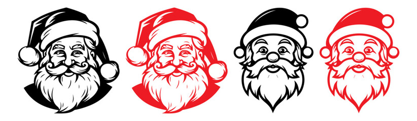 Santa claus logo in line art style. santa claus face beard moustache happy xmas christmas new year outline thin line vector icon black and red on white background.