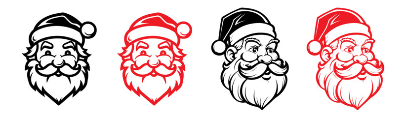 Santa claus logo in line art style. santa claus face beard moustache happy xmas christmas new year outline thin line vector icon black and red on white background.