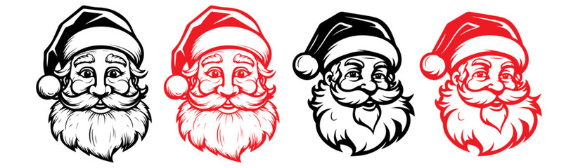 Santa claus logo in line art style. santa claus face beard moustache happy xmas christmas new year outline thin line vector icon black and red on white background.