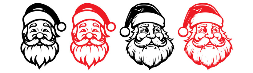 Santa claus logo in line art style. santa claus face beard moustache happy xmas christmas new year outline thin line vector icon black and red on white background.