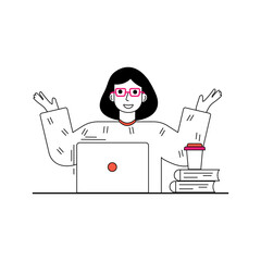 Young lady studying online at home. Flat vector illustration.