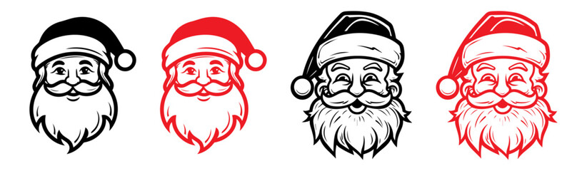 Santa claus logo in line art style. santa claus face beard moustache happy xmas christmas new year outline thin line vector icon black and red on white background.