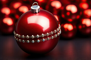 A red ornament with a chain around it