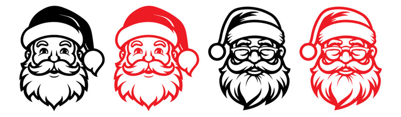 Santa claus logo in line art style. santa claus face beard moustache happy xmas christmas new year outline thin line vector icon black and red on white background. - obrazy, fototapety, plakaty