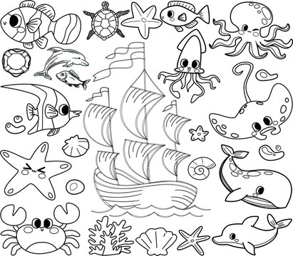  Hand Drawn Marine Life Character Collection