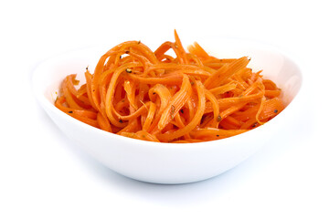 Gratted raw carrots in korean-style, korean carrot in the white bowl, isolated on white background.