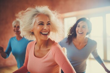 Middle-aged women find joy in Zumba, expressing their active lifestyle. Candid moments showcase the energetic camaraderie and shared passion for fitness and fun