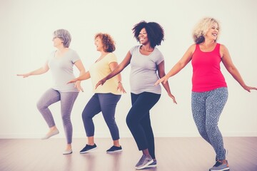 Middle-aged women find joy in Zumba, expressing their active lifestyle. Candid moments showcase the energetic camaraderie and shared passion for fitness and fun