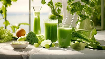 fresh green vegetable juices in glass bottles