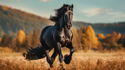 Running black horse at the field - obrazy, fototapety, plakaty