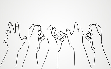 Line art illustration depicting hands reaching out for help, conveying a sense of pleading, asking for assistance, or expressing a worship concept - obrazy, fototapety, plakaty