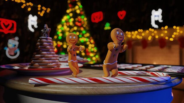 
Close-up of gingerbread men dancing. Cookies on table against festive background with fireplace and decorated Christmas tree. Christmas and new year concept
