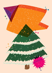 Risograph Christmas Tree with speech bubble with geometric shapes. Pine Tree in trendy riso graph print texture style design with geometry elements.