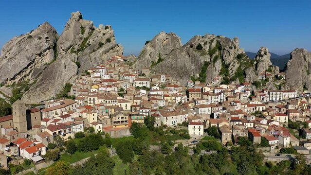 Cityscape aerial view of medieval city of Pietrapertosa, Italy. View of Pietrapertosa town in the Lucanian Dolomites in Italy. Pietrapertosa village in Apennines Dolomiti Lucane. Basilicata, Italy.