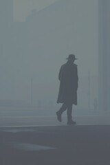 Obraz premium A solitary figure moves with purpose through the downpour. His obscured features and measured pace create an air of intrigue