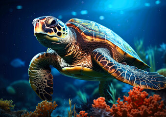 Naklejka na ściany i meble Beautiful sea turtle underwater